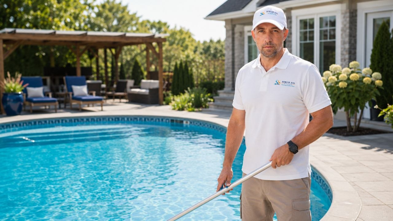 Sokur Sol Works technician beside a clean pool in Ottawa